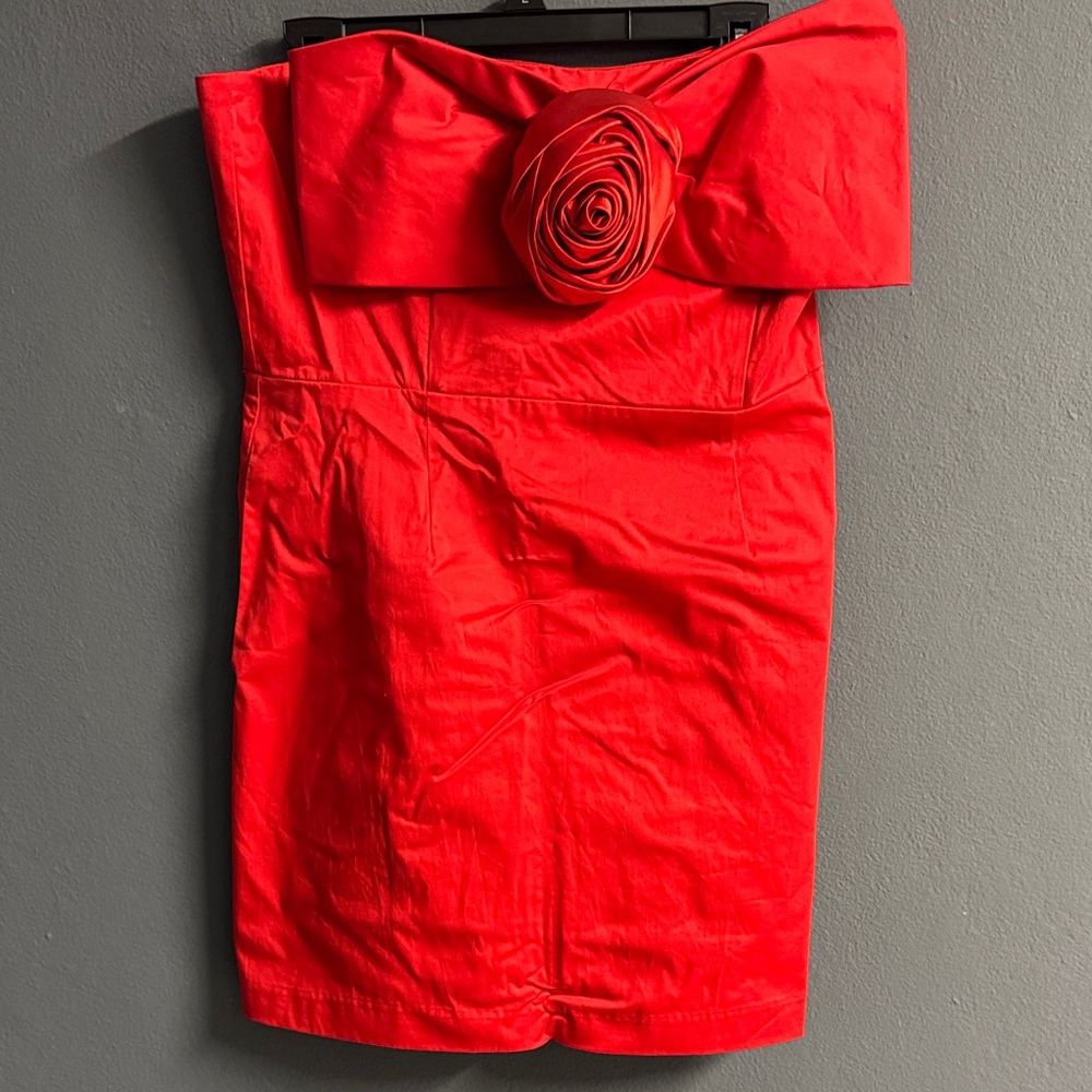 Anthropologie Strapless Red Dress with Floral Detail